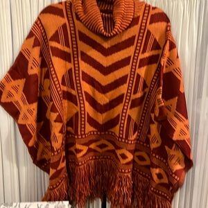 New Burgundy Orange Oversized Poncho Sweater Turtleneck Fringe Colleen Lopez